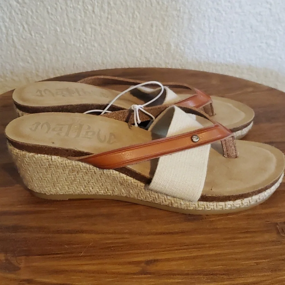 Mad love Womens Leather & Textile Thong Wedge Slide Neutral boho New! Sz.7